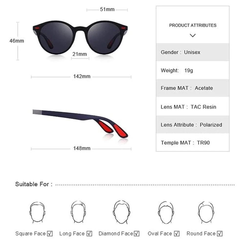 Mens Polarized Sunglasses Round Matte Black Frame Brown Lens Red Accent Fancy‎